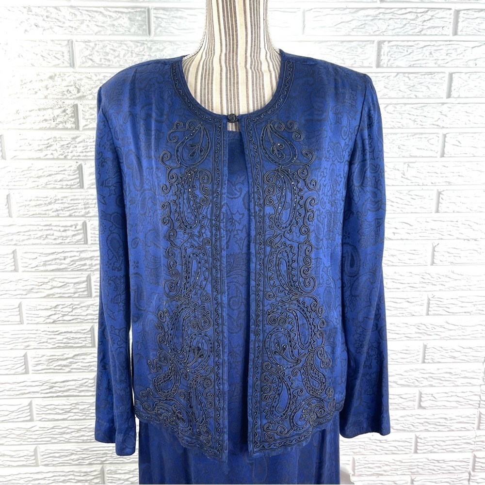 Vtg Sarah Elizabeth Royal Blue & Black Embroidered Beaded Dress Jacket Set Sz 12 - Picture 2 of 9